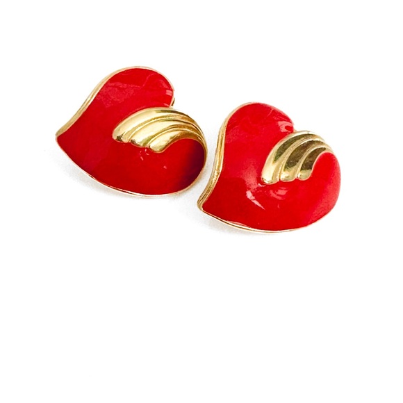 vintage jew Jewelry - Vintage Gold and Red Heart clip Earrings